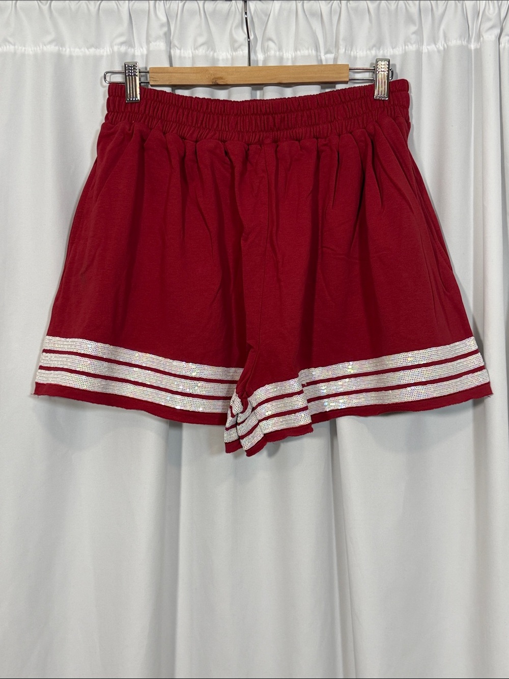 Peach Love California Red High-Waist Shorts with Sequin Stripe